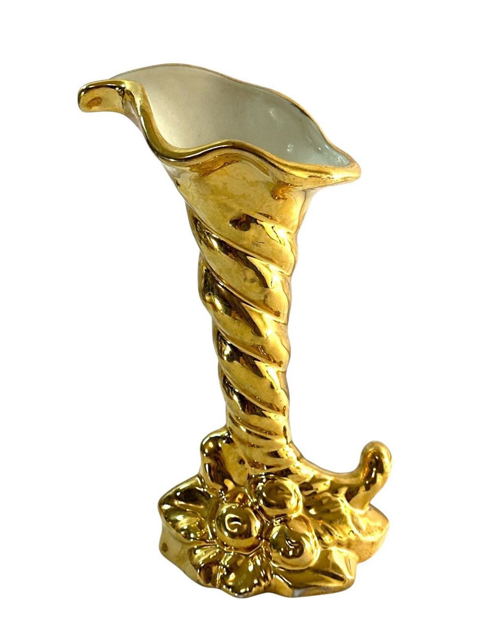 Vintage 22K Gold Cornucopia Vase Hand Decorated USA 7” Floral Bud Vase